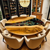 Round Live Edge Walnut & Epoxy Resin Table with Colorful Botanical Inlay – 8-Seater Centerpiece